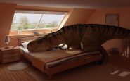 Un dinosaure se reposant dans un chambre